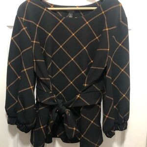 Worthington Chic Black and Orange Plaid Women's pullover Blouse Tie-Front XL